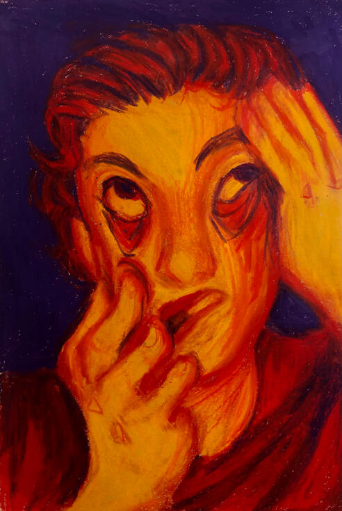 Pulling My Hair (2022, oil pastel on paper)